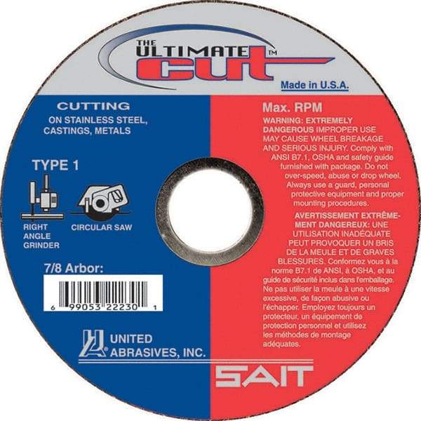 Sait - 5" Aluminum Oxide Cutoff Wheel - 0.045" Thick, 7/8" Arbor, 12,200 Max RPM, Use with Angle Grinders - Eagle Tool & Supply