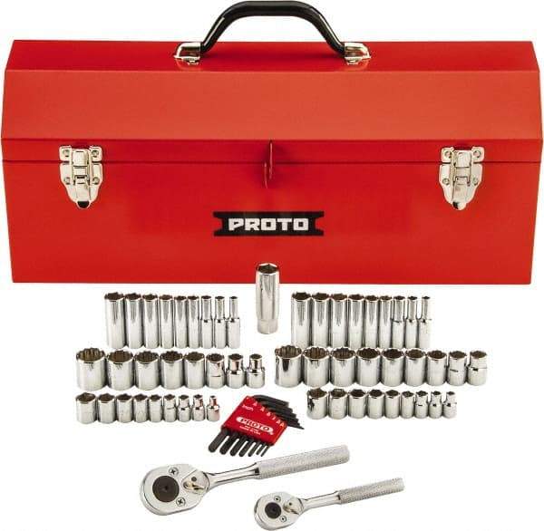Proto - 63 Piece 1/4" & 3/8" Drive Full Polish Finish Deep Well Impact Socket Set - 6, 12 Points, 1/4" to 3/4" (5mm to 18mm) Range, Inch/Metric Measurement Standard - Eagle Tool & Supply