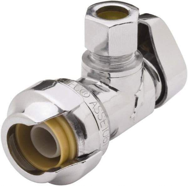 SharkBite - 1/2 & 1/4" Pipe, 200 psi WOG Rating, Brass Angle Stop Valve - Chrome Finished Handle, Push Fit End Connections, For Potable Water Applications - Eagle Tool & Supply