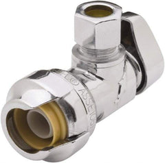 SharkBite - 1/2 & 1/4" Pipe, 200 psi WOG Rating, Brass Angle Stop Valve - Chrome Finished Handle, Push Fit End Connections, For Potable Water Applications - Eagle Tool & Supply