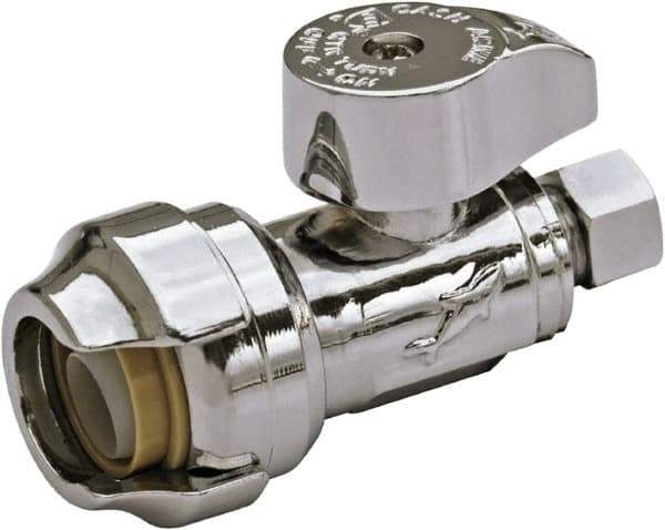 SharkBite - 1/2 & 1/4" Pipe, 200 psi WOG Rating, Brass Stop Valve - Chrome Finished Handle, Push Fit End Connections, For Potable Water Applications - Eagle Tool & Supply