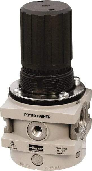 Parker - 1 NPT Port, 550 CFM, Aluminum Hi-Flow Regulator - 0 to 174 psi Range, 254 Max psi Supply Pressure, 1/4" Gauge Port Thread, 3-1/2" Wide x 7.2" High - Eagle Tool & Supply