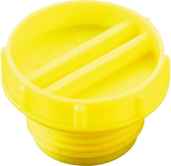 Caplugs - Serrated Round Head with Slot, Threaded Plug - 27.94mm OD, Low-Density Polyethylene, Yellow - Eagle Tool & Supply