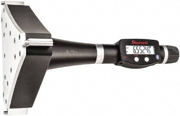 Starrett - 6" to 7", IP67, Carbide Face Electronic Inside Micrometer - 0.00005" Resolution, 0.0003" Accuracy, 4-1/2" Gage Depth - Eagle Tool & Supply