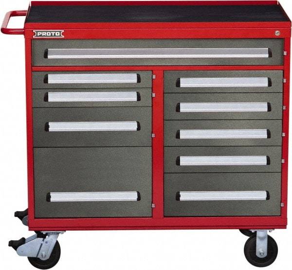 Proto - 10 Drawer Steel Tool Roller Cabinet - 45" Wide x 42-1/2" High x 21-3/8" Deep, Ball Bearing Drawer Slides, Safety Red/Gray - Eagle Tool & Supply