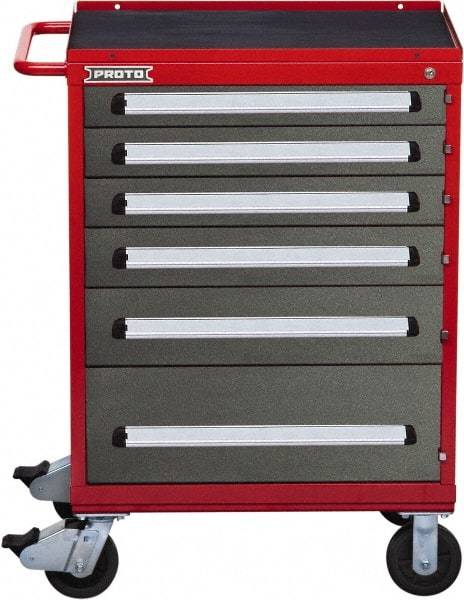 Proto - 6 Drawer Steel Tool Roller Cabinet - 30" Wide x 42-1/2" High x 21-3/8" Deep, Ball Bearing Drawer Slides, Safety Red/Gray - Eagle Tool & Supply