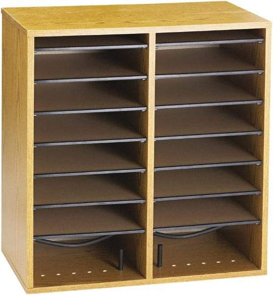 Safco - 19-1/2" Wide x 21" High x 11-3/4" Deep Laminated Compressed Wood Document Organizer - 16 Compartments, Medium Oak, 9" Wide x 2-1/4" High x 11-1/2" Deep Compartment - Eagle Tool & Supply