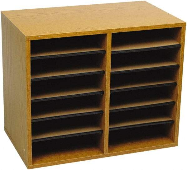 Safco - 19-1/2" Wide x 16" High x 12" Deep Fiberboard, Hardboard & Laminated Compressed Wood Document Organizer - 12 Compartments, Medium Oak, 9" Wide x 2-3/8" High x 11-1/2" Deep Compartment - Eagle Tool & Supply