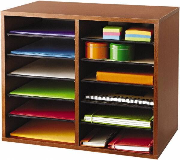 Safco - 19-1/2" Wide x 16" High x 12" Deep Fiberboard, Hardboard & Laminated Compressed Wood Document Organizer - 12 Compartments, Cherry, 9" Wide x 2-3/8" High x 11-1/2" Deep Compartment - Eagle Tool & Supply