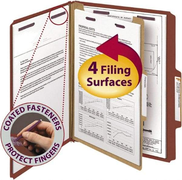 SMEAD - 8-1/2 x 11", Letter Size, Red, Classification Folders with Top Tab Fastener - 25 Point Stock, Right of Center Tab Cut Location - Eagle Tool & Supply