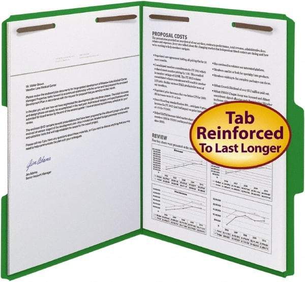 SMEAD - 8-1/2 x 11", Letter Size, Green, File Folders with Top Tab - 11 Point Stock, Assorted Tab Cut Location - Eagle Tool & Supply