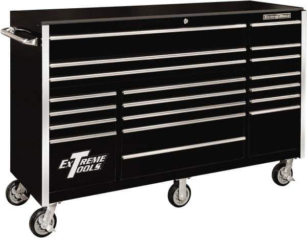 EXTREME TOOLS - 19 Drawer Steel/Aluminum Tool Roller Cabinet - 72" Wide x 47" High x 25" Deep, Ball Bearing Drawer Slides, Black - Eagle Tool & Supply
