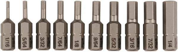 Wiha - 10 Piece, 1/4" Drive Screwdriver Insert Bit Set - 1/16 to 1/4" Hex - Eagle Tool & Supply