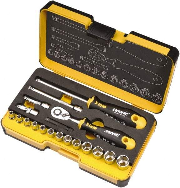 Felo - 19 Piece 1/4" Drive Chrome Finish Socket Set - 6 Points, 1/8" to 9/16" Range, Inch Measurement Standard - Eagle Tool & Supply