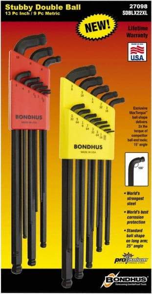 Bondhus - 22 Piece, L-Wrench Ball End Hex Key Set - 0.05 to 3/8" Range, 3.16" OAL, - Eagle Tool & Supply