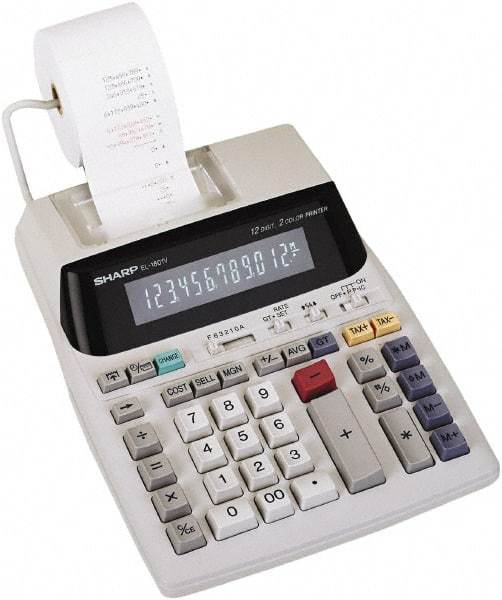 Sharp - Fluorescent Printing Calculator - 7-5/8 x 10-1/8 Display Size, Light Gray, AC Powered, 3-7/16" Long x 8-3/8" Wide - Eagle Tool & Supply