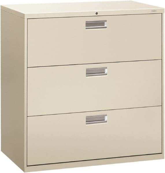 Hon - 42" Wide x 40-7/8" High x 19-1/4" Deep, 3 Drawer Lateral File - Steel, Light Gray - Eagle Tool & Supply