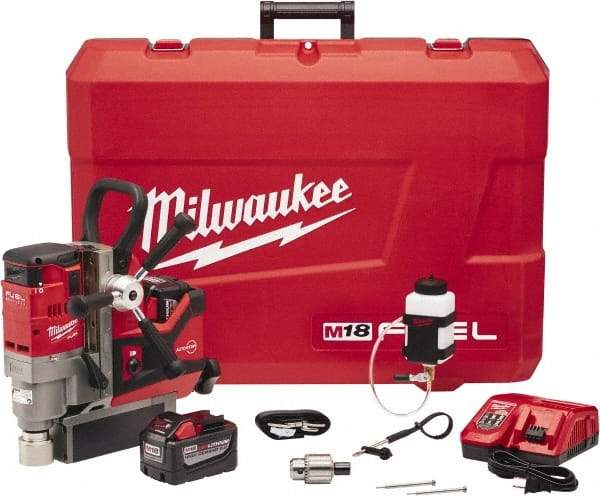 Milwaukee Tool - 1-1/2" Chuck, 5.75" Travel, Portable Magnetic Drill Press - 400 & 690 RPM, 9 Amps, 0.43 hp - Eagle Tool & Supply