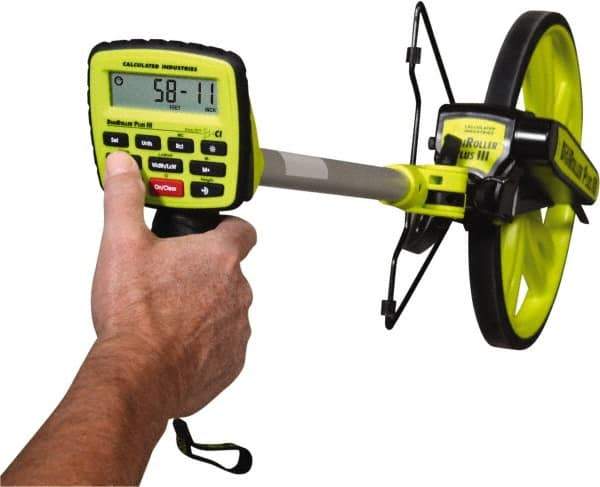 Calculated Industries - 9,999,999' Counter Limit, 45" OAL, Fluorescent Green Measuring Wheel - 99.5" Accuracy per 100", Measures in Feet, Meters, Yards & Inches - Eagle Tool & Supply