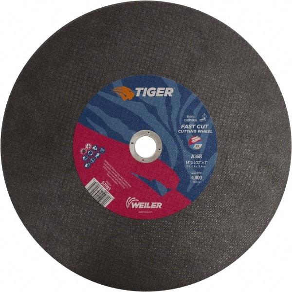 Weiler - 14" 36 Grit Aluminum Oxide Cutoff Wheel - 3/32" Thick, 1" Arbor, 4,400 Max RPM, Use with Chop Saws - Eagle Tool & Supply