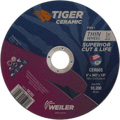 Weiler - 6" 60 Grit Ceramic Cutoff Wheel - 0.045" Thick, 7/8" Arbor, 10,200 Max RPM, Use with Angle Grinders - Eagle Tool & Supply