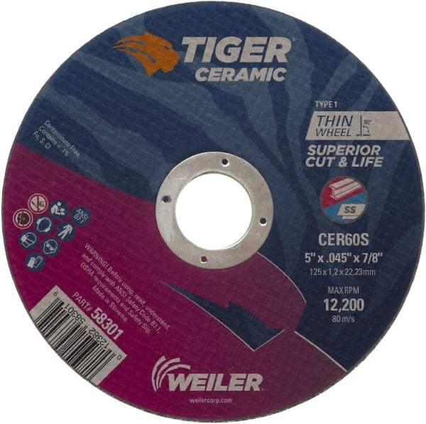 Weiler - 5" 60 Grit Ceramic Cutoff Wheel - 0.045" Thick, 7/8" Arbor, 12,200 Max RPM, Use with Angle Grinders - Eagle Tool & Supply