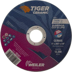 Weiler - 5" 60 Grit Ceramic Cutoff Wheel - 0.045" Thick, 7/8" Arbor, 12,200 Max RPM, Use with Angle Grinders - Eagle Tool & Supply