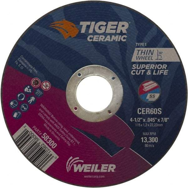 Weiler - 4-1/2" 60 Grit Ceramic Cutoff Wheel - 0.045" Thick, 7/8" Arbor, 13,300 Max RPM, Use with Angle Grinders - Eagle Tool & Supply