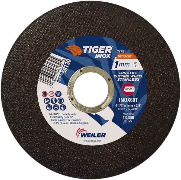 Weiler - 4-1/2" 60 Grit Aluminum Oxide Cutoff Wheel - 0.0393" Thick, 7/8" Arbor, 13,300 Max RPM, Use with Angle Grinders - Eagle Tool & Supply