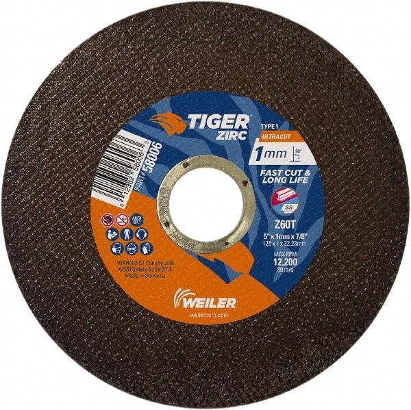 Weiler - 5" 60 Grit Zirconia Alumina Cutoff Wheel - 0.0393" Thick, 7/8" Arbor, 12,200 Max RPM, Use with Angle Grinders - Eagle Tool & Supply