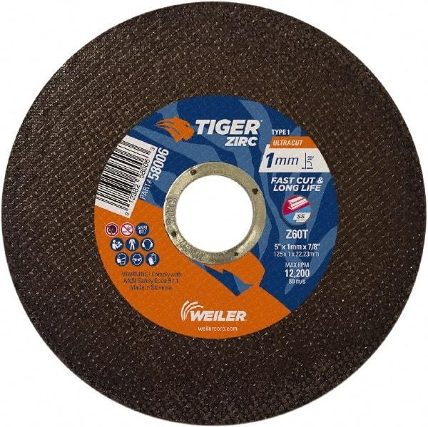 Weiler - 4-1/2" 60 Grit Zirconia Alumina Cutoff Wheel - 0.0393" Thick, 7/8" Arbor, 13,300 Max RPM, Use with Angle Grinders - Eagle Tool & Supply