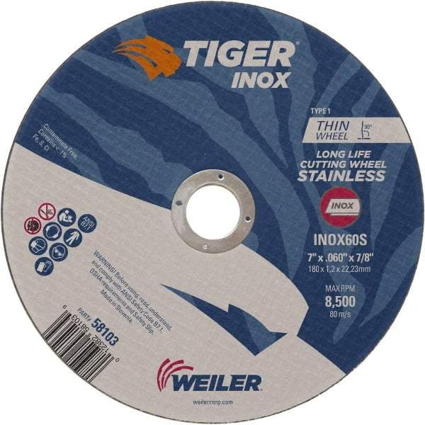 Weiler - 7" 60 Grit Aluminum Oxide Cutoff Wheel - 0.045" Thick, 7/8" Arbor, 8,500 Max RPM, Use with Angle Grinders - Eagle Tool & Supply