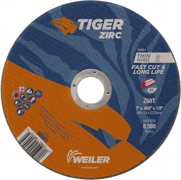 Weiler - 7" 60 Grit Zirconia Alumina Cutoff Wheel - 0.06" Thick, 7/8" Arbor, 8,500 Max RPM, Use with Angle Grinders - Eagle Tool & Supply