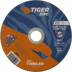 Weiler - 7" 60 Grit Zirconia Alumina Cutoff Wheel - 0.06" Thick, 7/8" Arbor, 8,500 Max RPM, Use with Angle Grinders - Eagle Tool & Supply