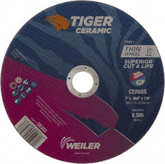 Weiler - 7" 60 Grit Ceramic Cutoff Wheel - 0.06" Thick, 7/8" Arbor, 8,500 Max RPM, Use with Angle Grinders - Eagle Tool & Supply