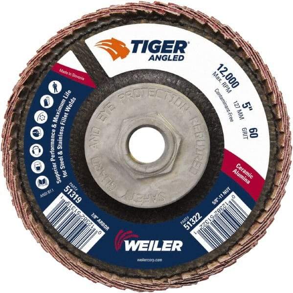 Weiler - 60 Grit, 5" Disc Diam, 5/8-11 Center Hole, Type 27 Ceramic Alumina Flap Disc - 12,000 Max RPM, Phenolic Backing, Arbor Attaching System, Coated - Eagle Tool & Supply