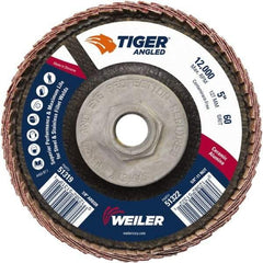 Weiler - 60 Grit, 5" Disc Diam, 5/8-11 Center Hole, Type 27 Ceramic Alumina Flap Disc - 12,000 Max RPM, Phenolic Backing, Arbor Attaching System, Coated - Eagle Tool & Supply