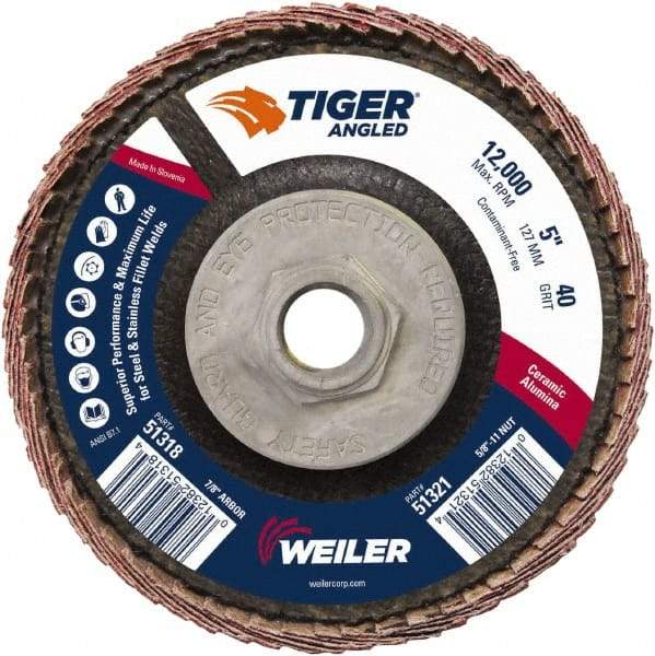 Weiler - 40 Grit, 5" Disc Diam, 5/8-11 Center Hole, Type 27 Ceramic Alumina Flap Disc - 12,000 Max RPM, Phenolic Backing, Arbor Attaching System, Coated - Eagle Tool & Supply