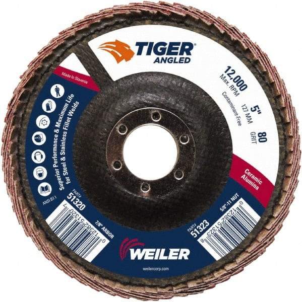 Weiler - 80 Grit, 5" Disc Diam, 7/8" Center Hole, Type 27 Ceramic Alumina Flap Disc - 12,000 Max RPM, Phenolic Backing, Arbor Attaching System, Coated - Eagle Tool & Supply