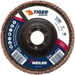Weiler - 60 Grit, 5" Disc Diam, 7/8" Center Hole, Type 27 Ceramic Alumina Flap Disc - 12,000 Max RPM, Phenolic Backing, Quick Change Type S Attaching System, Coated - Eagle Tool & Supply