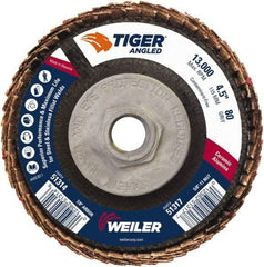 Weiler - 80 Grit, 4-1/2" Disc Diam, 5/8-11 Center Hole, Type 27 Ceramic Alumina Flap Disc - 13,000 Max RPM, Phenolic Backing, Arbor Attaching System, Coated - Eagle Tool & Supply