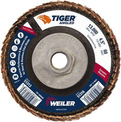 Weiler - 40 Grit, 4-1/2" Disc Diam, 5/8-11 Center Hole, Type 27 Ceramic Alumina Flap Disc - 13,000 Max RPM, Phenolic Backing, Arbor Attaching System, Coated - Eagle Tool & Supply