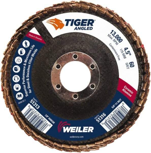 Weiler - 60 Grit, 4-1/2" Disc Diam, 7/8" Center Hole, Type 27 Ceramic Alumina Flap Disc - 13,000 Max RPM, Phenolic Backing, Quick Change Type S Attaching System, Coated - Eagle Tool & Supply