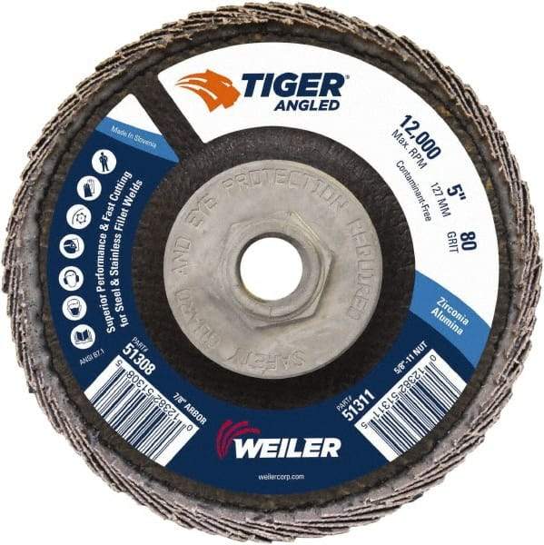Weiler - 80 Grit, 5" Disc Diam, 5/8-11 Center Hole, Type 27 Zirconia Alumina Flap Disc - 12,000 Max RPM, Phenolic Backing, Arbor Attaching System, Coated - Eagle Tool & Supply