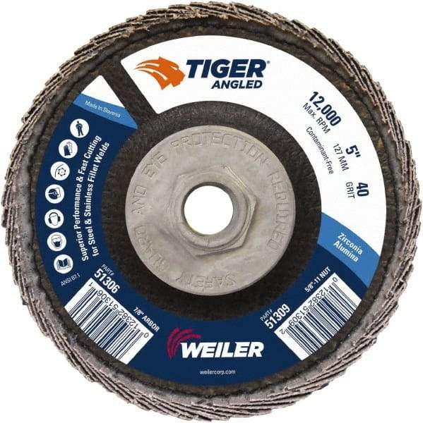 Weiler - 40 Grit, 5" Disc Diam, 5/8-11 Center Hole, Type 27 Zirconia Alumina Flap Disc - 12,000 Max RPM, Phenolic Backing, Arbor Attaching System, Coated - Eagle Tool & Supply