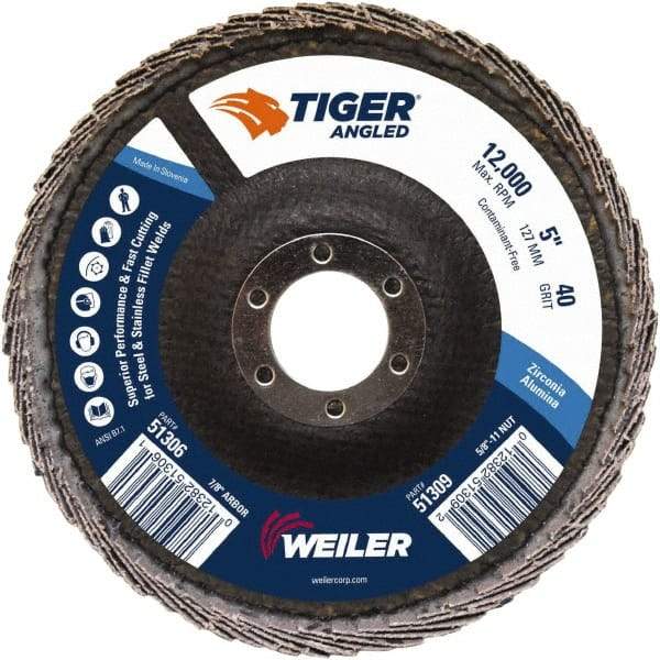 Weiler - 40 Grit, 5" Disc Diam, 7/8" Center Hole, Type 27 Zirconia Alumina Flap Disc - 12,000 Max RPM, Phenolic Backing, Arbor Attaching System, Coated - Eagle Tool & Supply