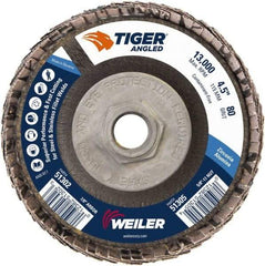 Weiler - 80 Grit, 4-1/2" Disc Diam, 5/8-11 Center Hole, Type 27 Zirconia Alumina Flap Disc - 13,000 Max RPM, Phenolic Backing, Arbor Attaching System, Coated - Eagle Tool & Supply