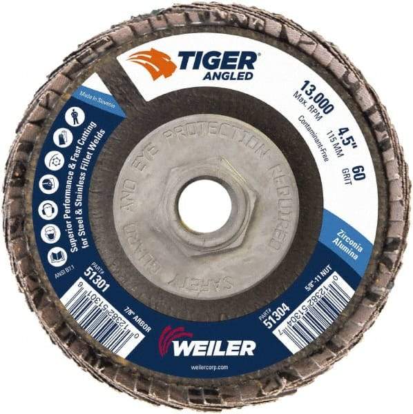 Weiler - 60 Grit, 4-1/2" Disc Diam, 5/8-11 Center Hole, Type 27 Zirconia Alumina Flap Disc - 13,000 Max RPM, Phenolic Backing, Arbor Attaching System, Coated - Eagle Tool & Supply