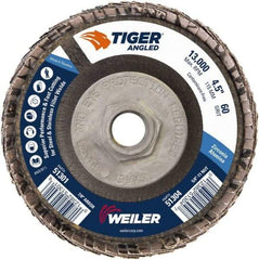 Weiler - 60 Grit, 4-1/2" Disc Diam, 5/8-11 Center Hole, Type 27 Zirconia Alumina Flap Disc - 13,000 Max RPM, Phenolic Backing, Arbor Attaching System, Coated - Eagle Tool & Supply