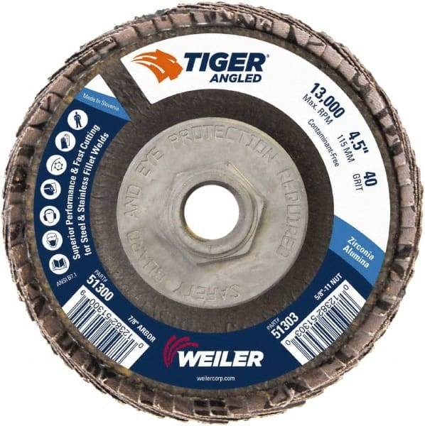 Weiler - 40 Grit, 4-1/2" Disc Diam, 5/8-11 Center Hole, Type 27 Zirconia Alumina Flap Disc - 13,000 Max RPM, Phenolic Backing, Arbor Attaching System, Coated - Eagle Tool & Supply